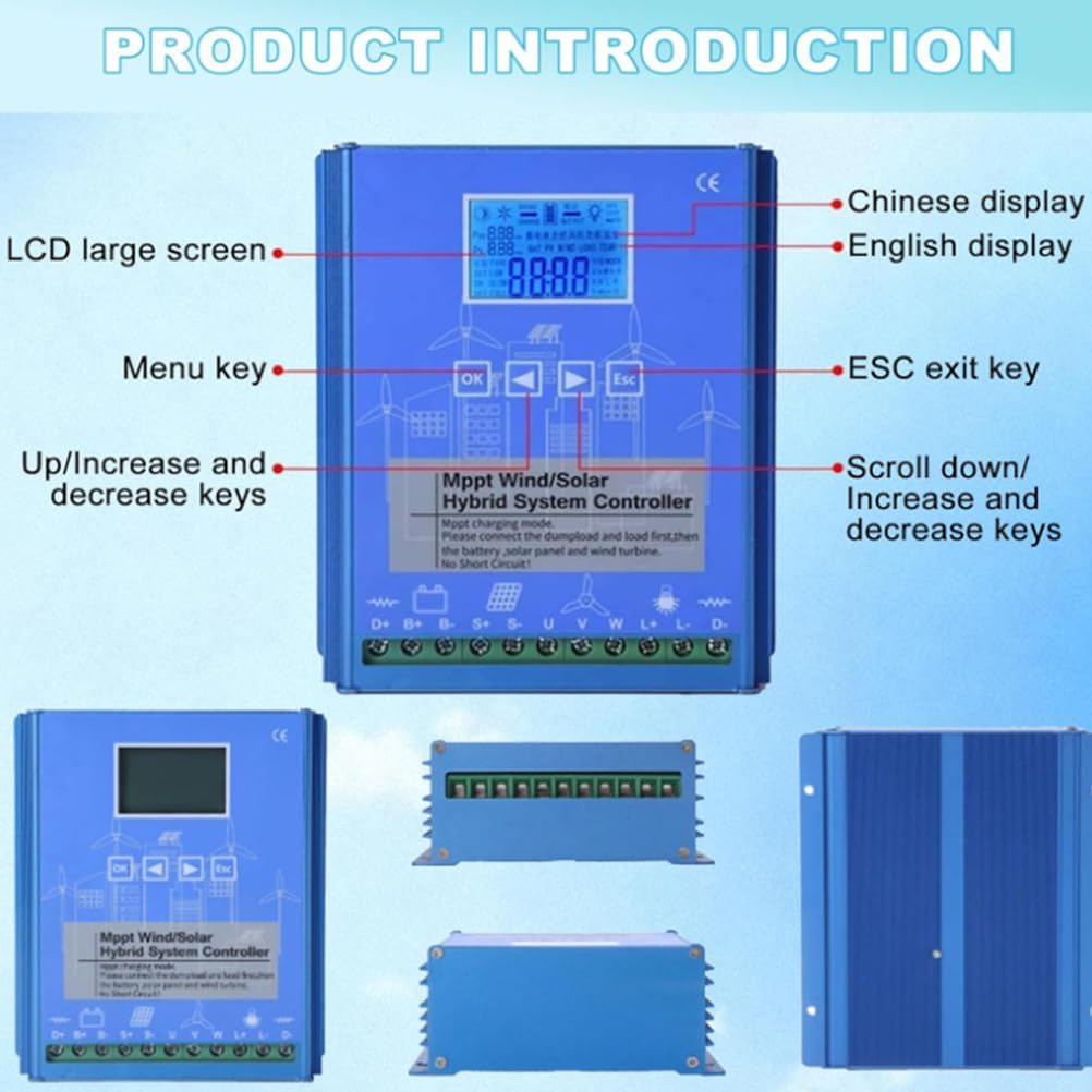 24V, LCD Wind and Solar Complementarycharge Controller 12V 24V48V 220V MPPT Charge Regulator with Dump Load for Wind Turbine Generator (1000W)
