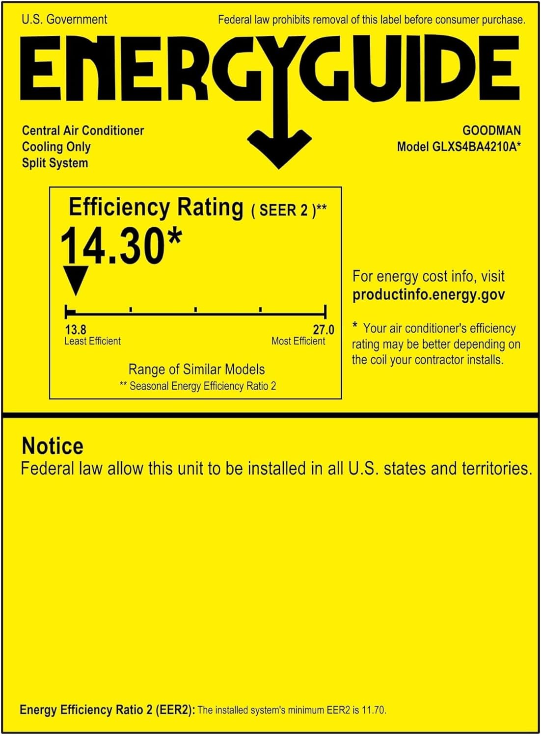 Goodman 3.5 Ton 14.3 SEER2 Air Conditioner R-32 GLXS4BA4210