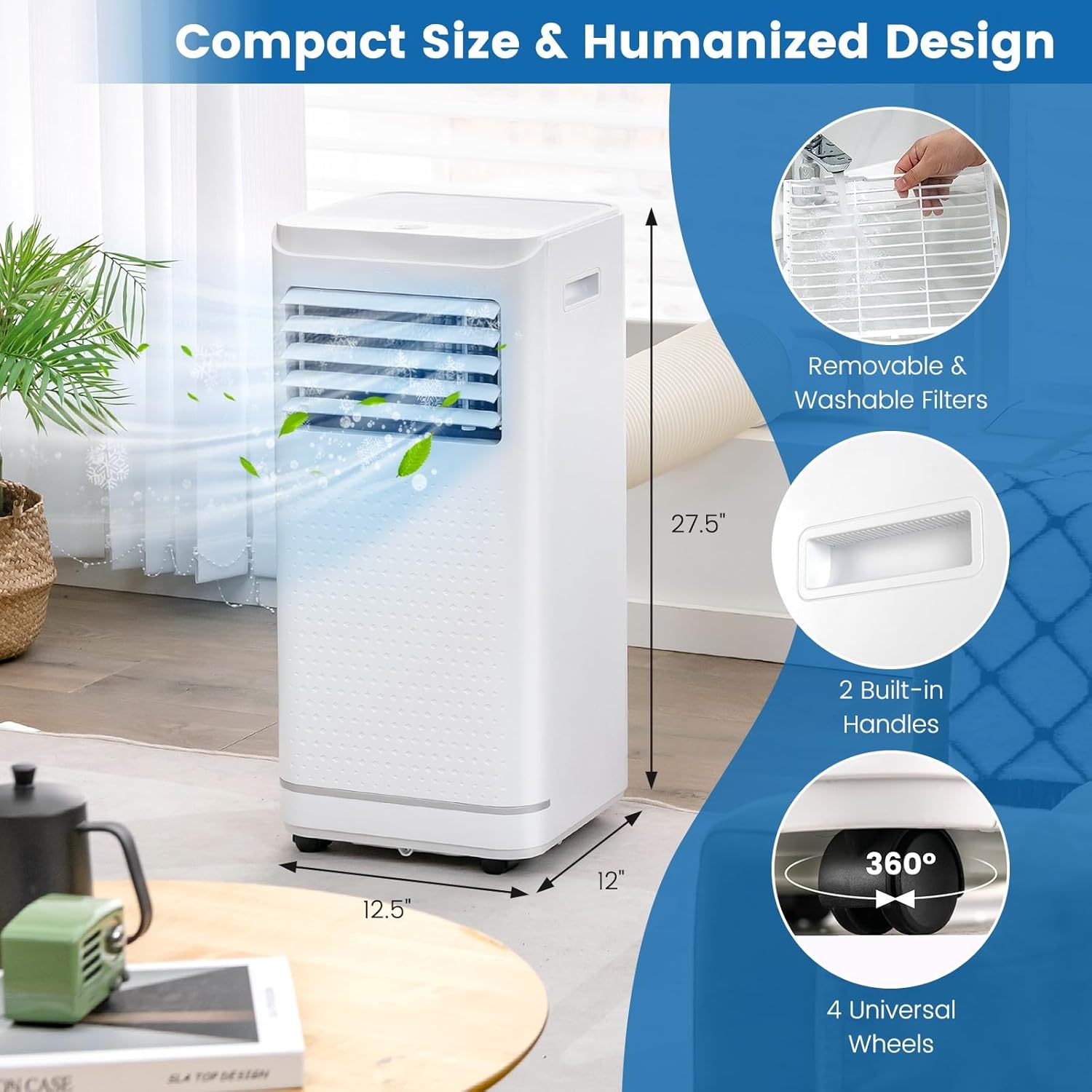 KOTEK Portable Air Conditioner for Room up to 350 Sq. Ft, 10000 BTU 3-in-1 AC Unit for Bedroom with Dehumidifier/Fan/Cool/Sleep Mode, Child Lock/Remote, Portable AC for Home Office (White-10000BTU)