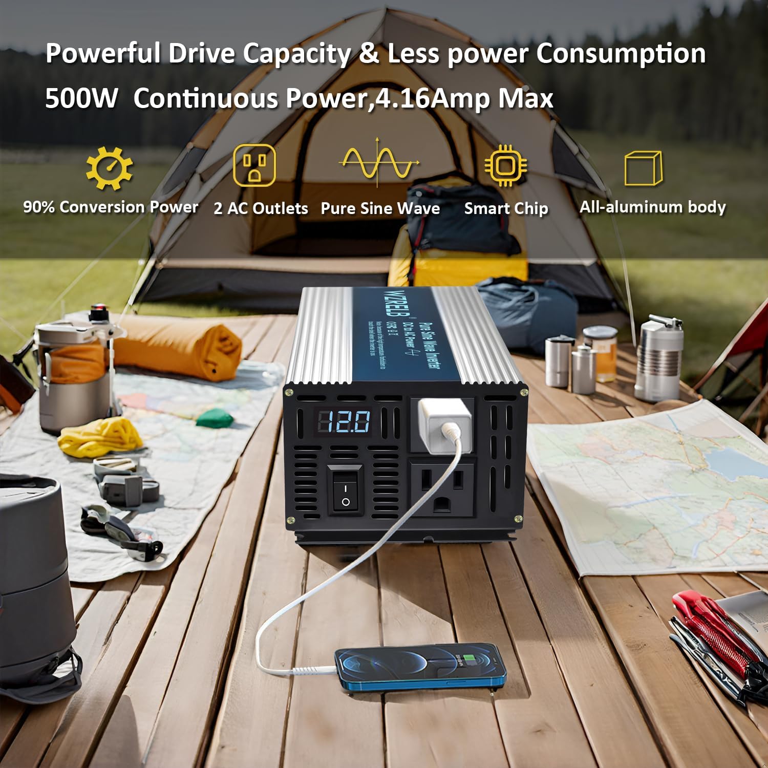 WZRELB 500W Pure Sine Wave Inverter 12V DC to 110V 120V AC Power Converter with LED Display, Off-Grid Portable Power Inverter with 2 AC Outlets for Home, RV, Truck, Camping