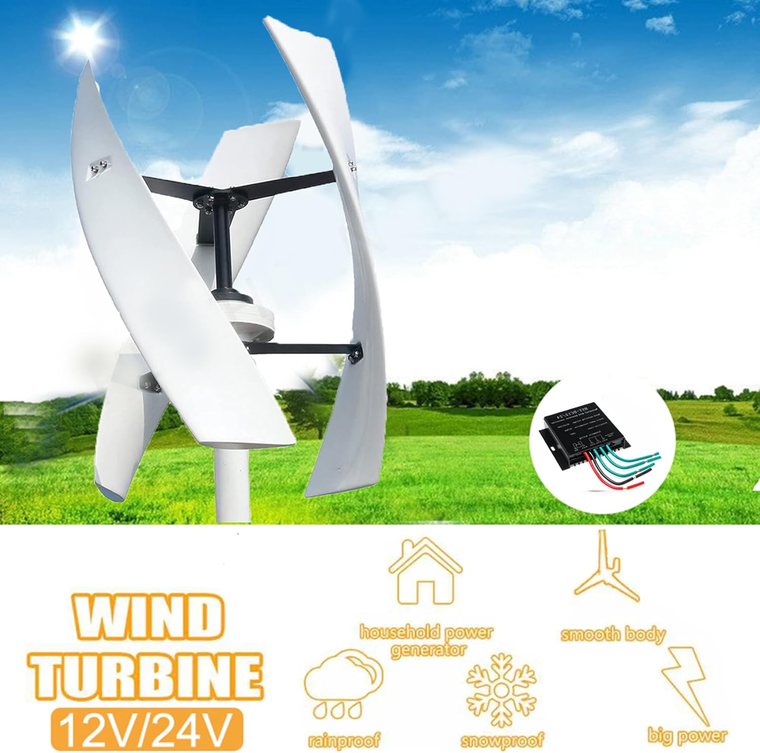 Portable Wind Turbine 3000W,12V 24V 48V 220V 3-Phase 3 Blades Vertical Axis Efficient Wind Tur-Bine Generator for Home, Farm, Rvs, Boats