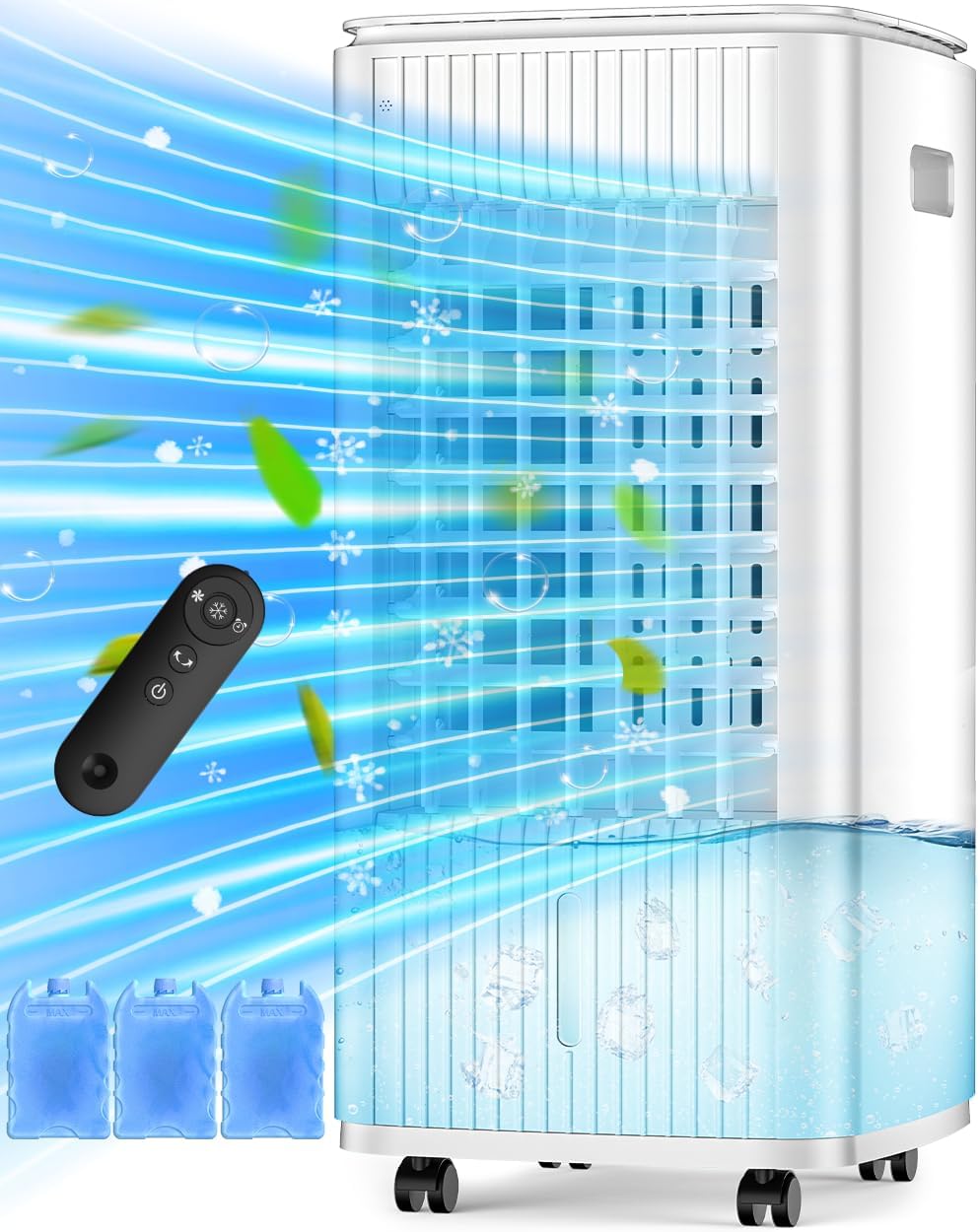 3-IN-1 Windowless Air Conditioner w/Double Tanks, Smart Timer, 3 Ice Packs, 60W Evaporative Air Cooler, 70° Oscillation, 3-Speed 25-INCH Swamp Cooler Air Conditioner Portable for Room