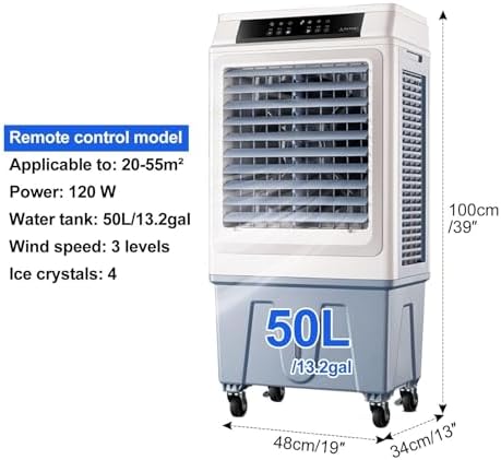 Portable Air Conditioner, 50L Swamp Cooler, 3-Speed Fan, Evaporative Air Cooler with Remote, 120° Oscillation, 4 Ice Crystals, Ideal for Home & Large Spaces