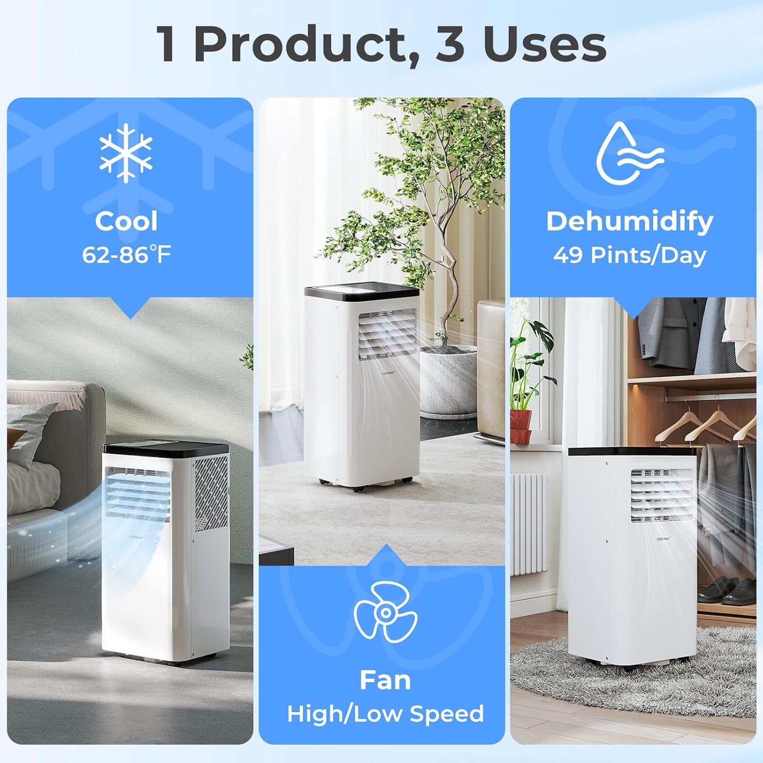 COSTWAY 10000 BTU Portable Air Conditioner, 3 in 1 Floor AC Unit, Fan & Dehumidifier w/Sleep Mode, 24H Timer, LED Display, Remote Control & Window Kit, for Rooms up to 450 Sq.F (10000 BTU)