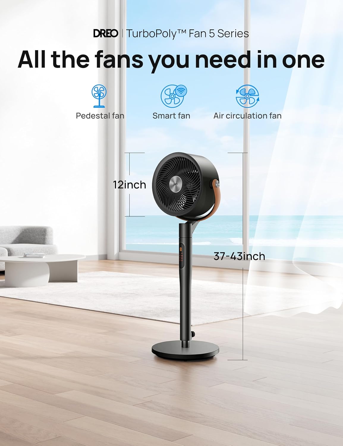 Dreo Smart Fan for Bedroom, 120°+105° Omni-directional Oscillating Standing Fans with Remote, 100ft Quiet Floor Fan for Room, Wi-Fi/Voice/Alexa, 6 Modes, 8 Speeds, 37-43'' Height, 12H Timer, DC Motor
