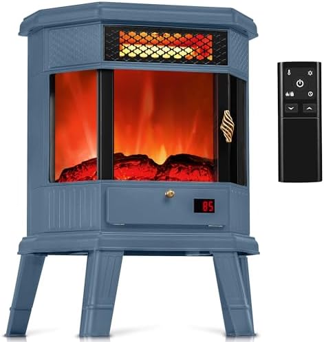 RealSmart Electric Fireplace Heater 22 in Freestanding Fireplace Stove Infrared Fireplace with 3D Flame Effect Remoted Control, Timer, Overheating Protection (Blue)