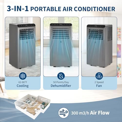 GarveeLife Portable Air Conditioner, 8000 BTU for Rooms Up to 350 Sq. Ft. 4 Modes with Remote Control Quiet AC, Dehumidifier, Fan Includes Window Installation Kit, 24-Hour Timer, Sleep Mode, Grey