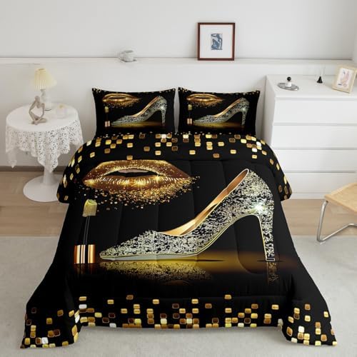 Manfei Gold Glitter Lips Comforter Set King Size, Black Golden High-Heeled Shoes Bedding Set 3pcs for Boys Girls Room Decor, Geometric Grid Quilt Set Fashion Duvet Set with 2 Pillowcases