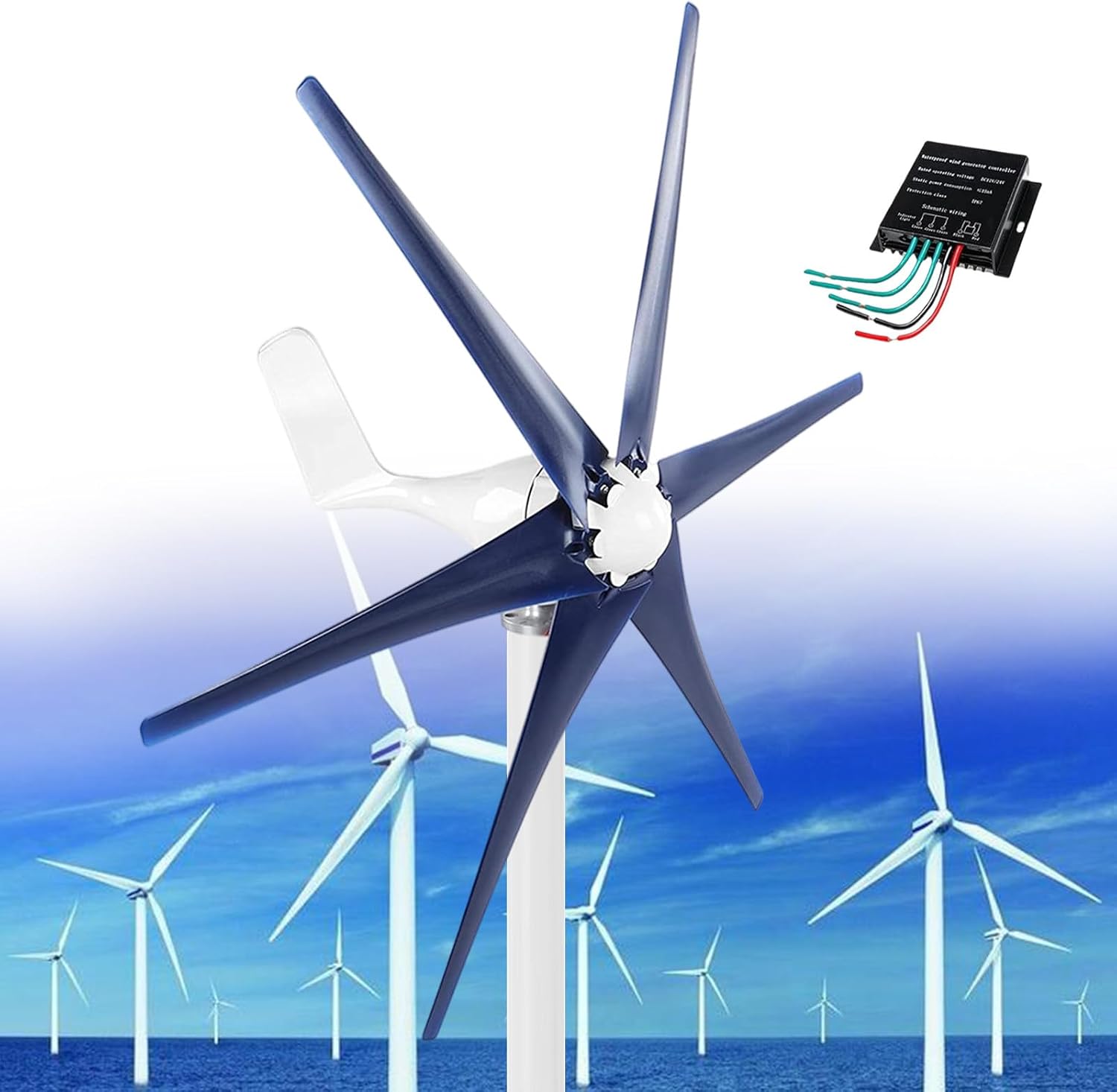 Wind Turbine, Windmill Generator 12000W 12V/24V/48V Small Wind Turbine 5 Blade Controller Turbine Generator Kit 3 Phase Permanent Magnet Generator for Boats, Terraces, Cabins or Home,Navy-24V