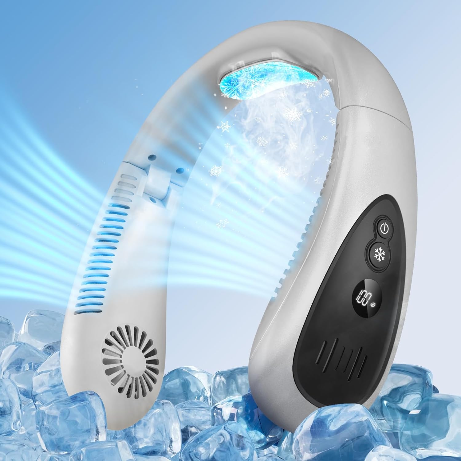 Neck Air Conditioner, 5000mAh Portable Neck Fan, Bladeless USB Neck Fan with Semiconductor Cooling Airflow, Portable Rechargeable, 3 Speeds, LED Display, Personal Fan for Outdoor Travel