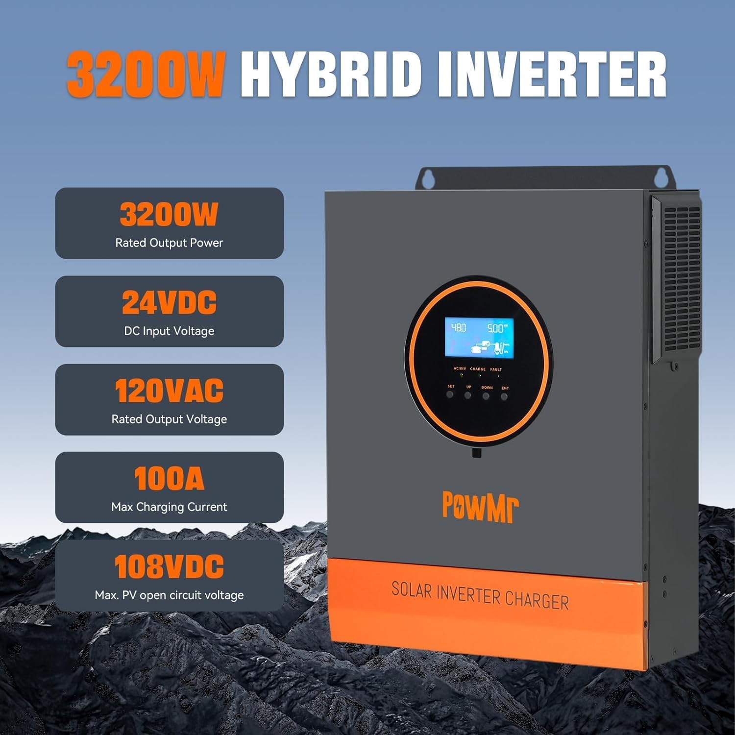 PowMr 3200W Solar Inverter 24VDC to 110VAC, 3.2KW Pure Sine Wave Inverter Bulit-in 60A MPPT Controller and with 40A AC Charger, Max.PV Input 1600W 108V, fit for Lead-Acid and Lithium Battery