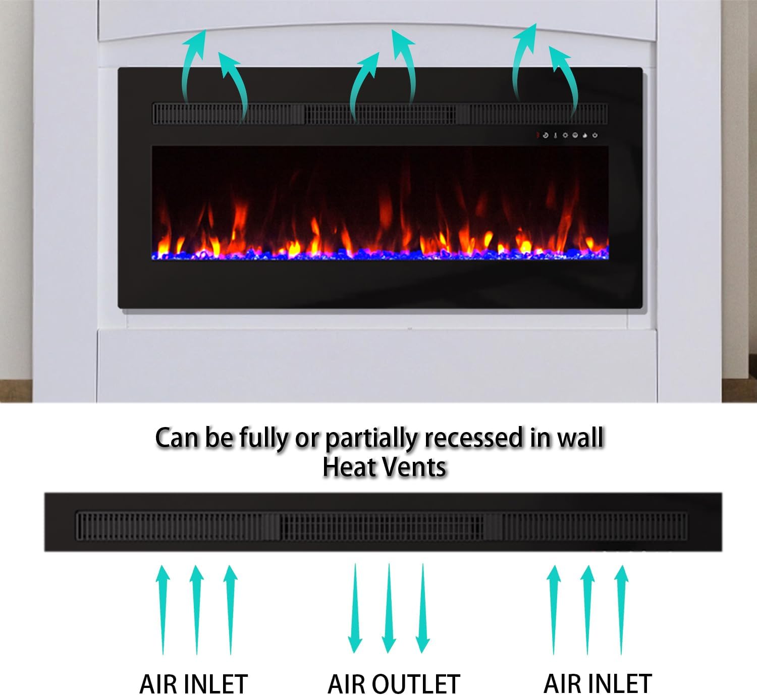Panana Electric Fireplace Heater Wall Mounted, 60 inch Wide Recessed Electric Fireplace, 1400W, 8H Timer, 20 Color Flame, Remote Control, Log Set & Crystal