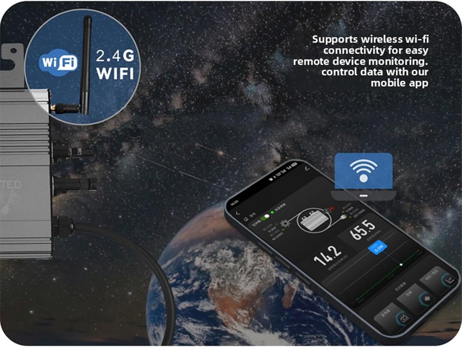 Solar Grid Tie Inverter, Home Energy Monitor, Pure Sine Wave Power Inverter, 1200Wp 50Hz-60Hz, Wireless WiFi Connectivity, Black