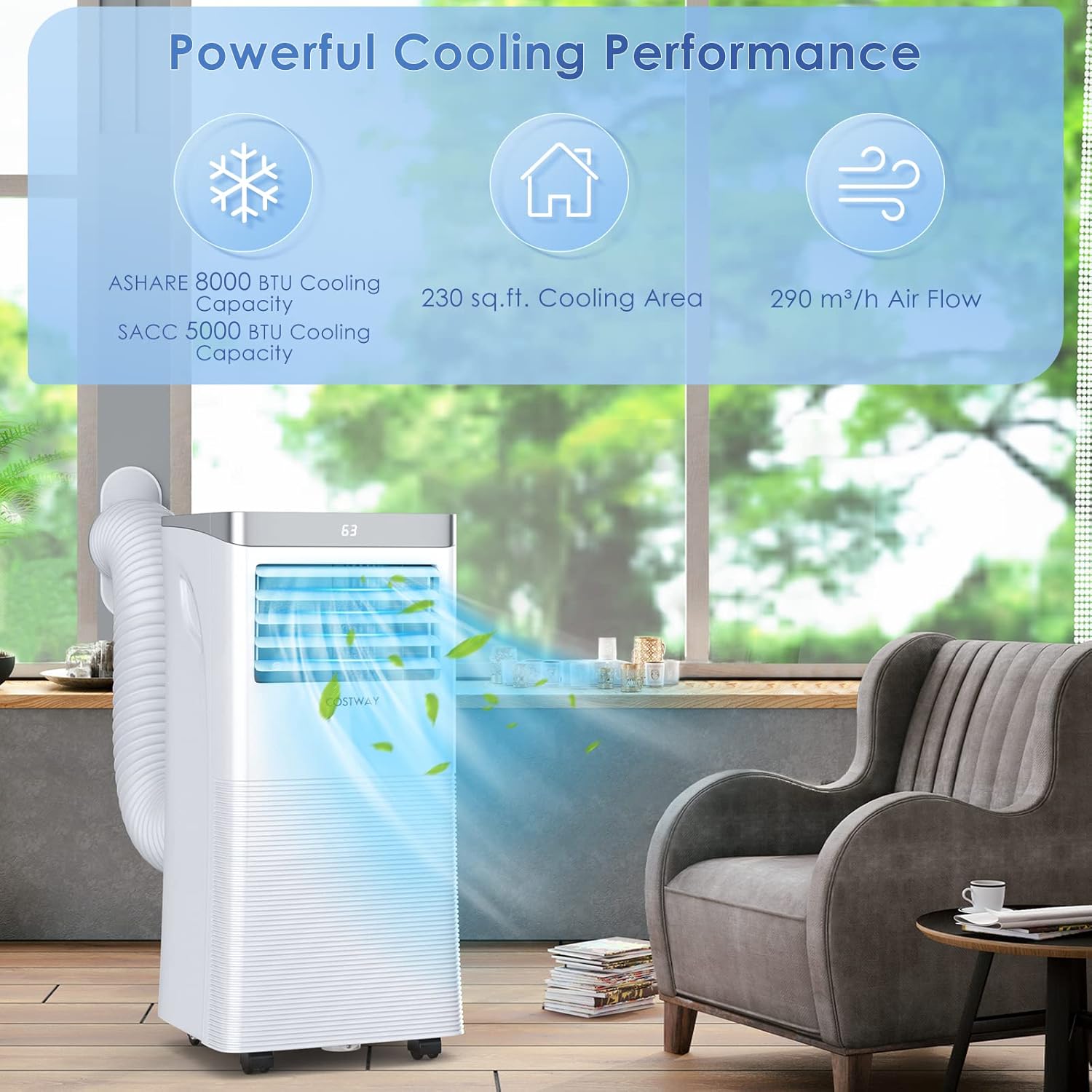 COSTWAY Portable Air Conditioner, 8000 BTU Air Cooler with Fan & Dehumidifier Mode for Rooms up to 230 Sq.Ft, Quiet AC Unit with Sleep Mode, 2 Fan Speeds, 24H Timer, Remote Control (8000BTU)