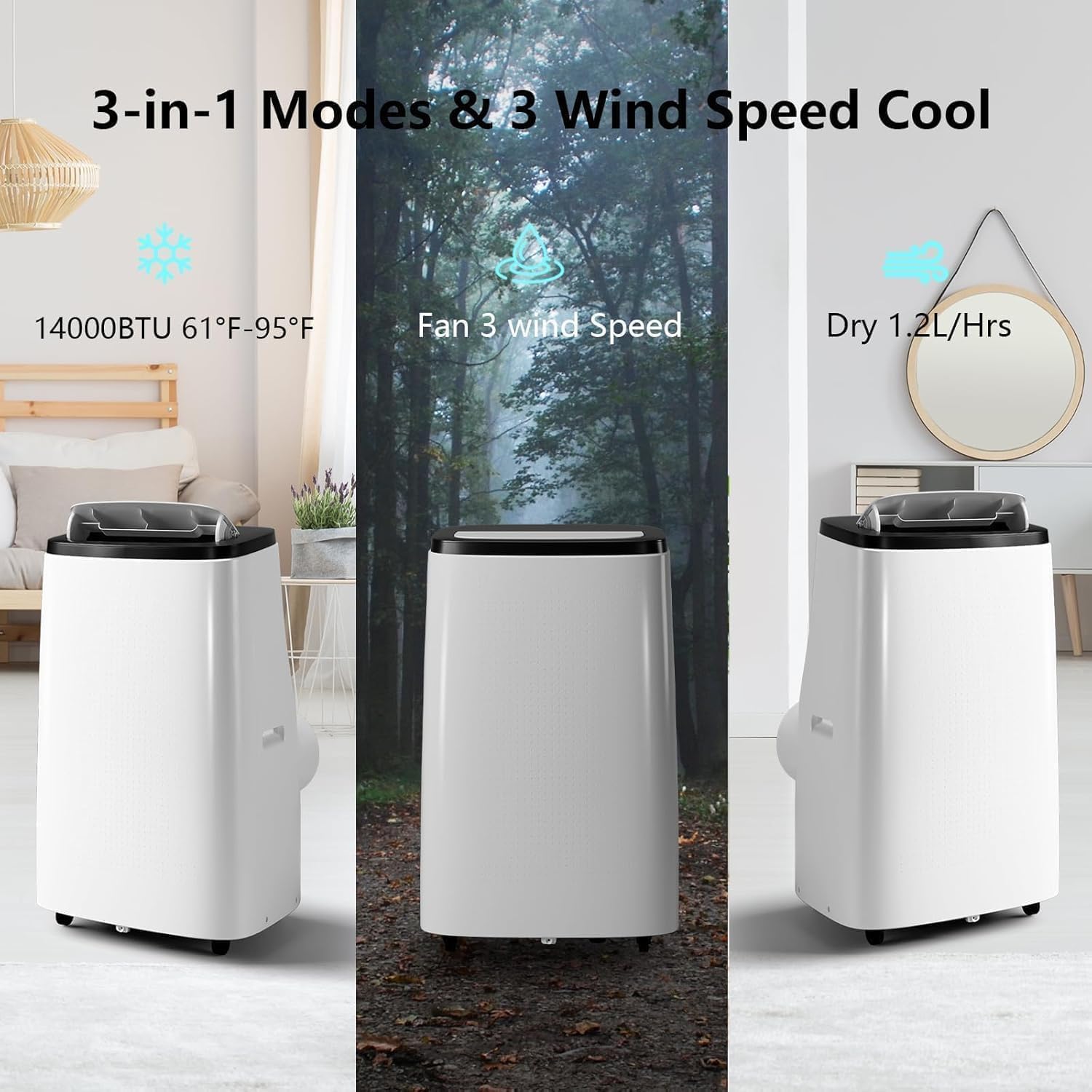 14000 BTU Portable Air Conditioners, 3-in-1 Cooling AC Unit w/Dehumidifier & Fan Mode for Rooms Up to 750 Sq. Ft, Remote Control, Sleep Mode, Low Noise,24H Timer, 3 Speed, Auto Swing for Home,Totel