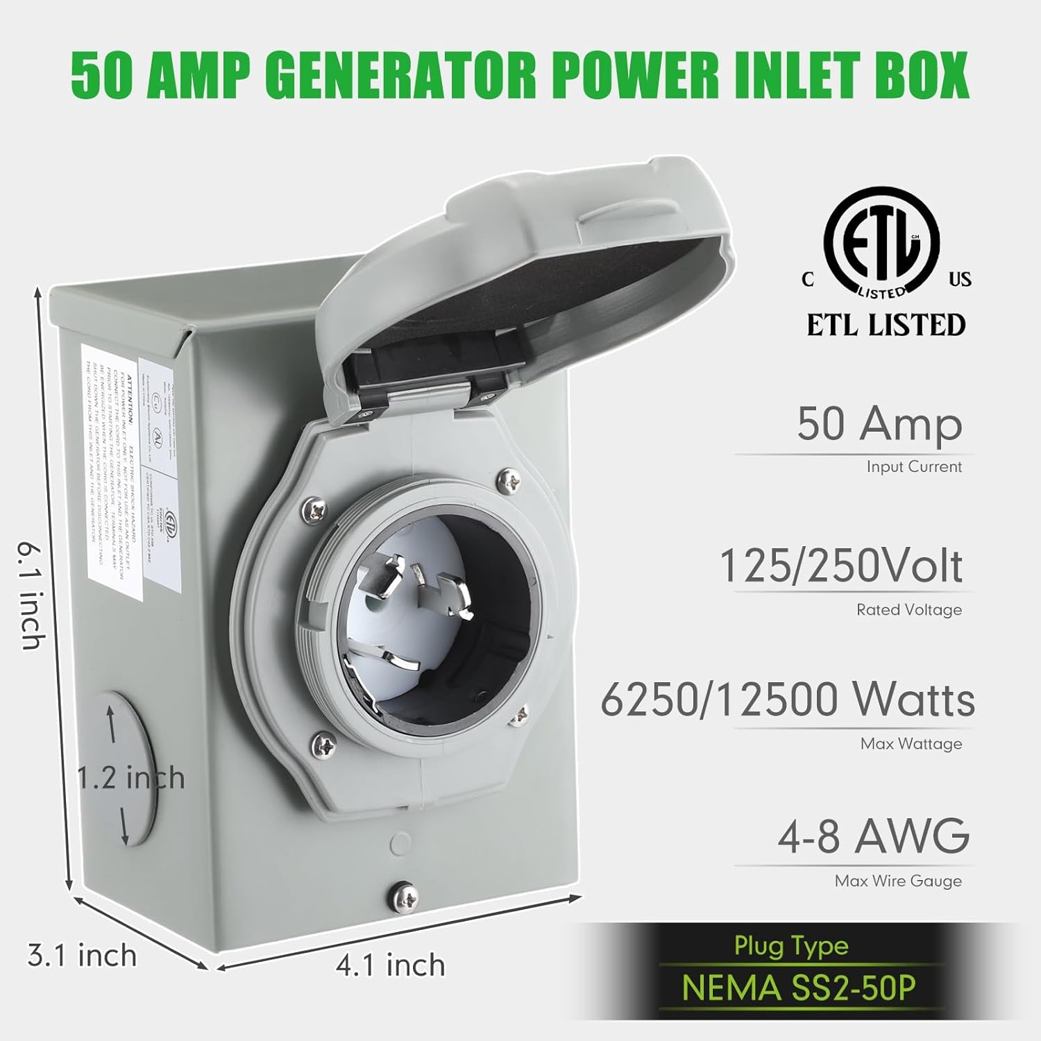 Gisafai 50 Amp 20FT Generator Cord and Pre Drilled Power Inlet Box Compatible with NEMA 14-50P to SS2-50R 125/250V Locking Connector with SS2-50P Generator Inlet Box to House, ETL Listed