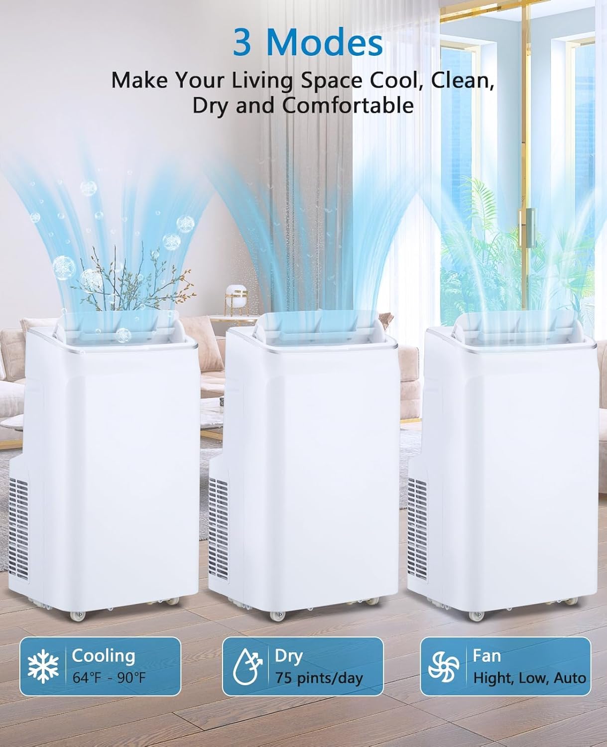 12000 BTU Portable Air Conditioners with Remote Control, 3 in-1 Free Standing Cooling AC Unit with Fan & Dehumidifier, Cools Room up to 500 sq.ft, Auto Swing，Smart Sleep Mode for Bedroom, Indoor Rooms