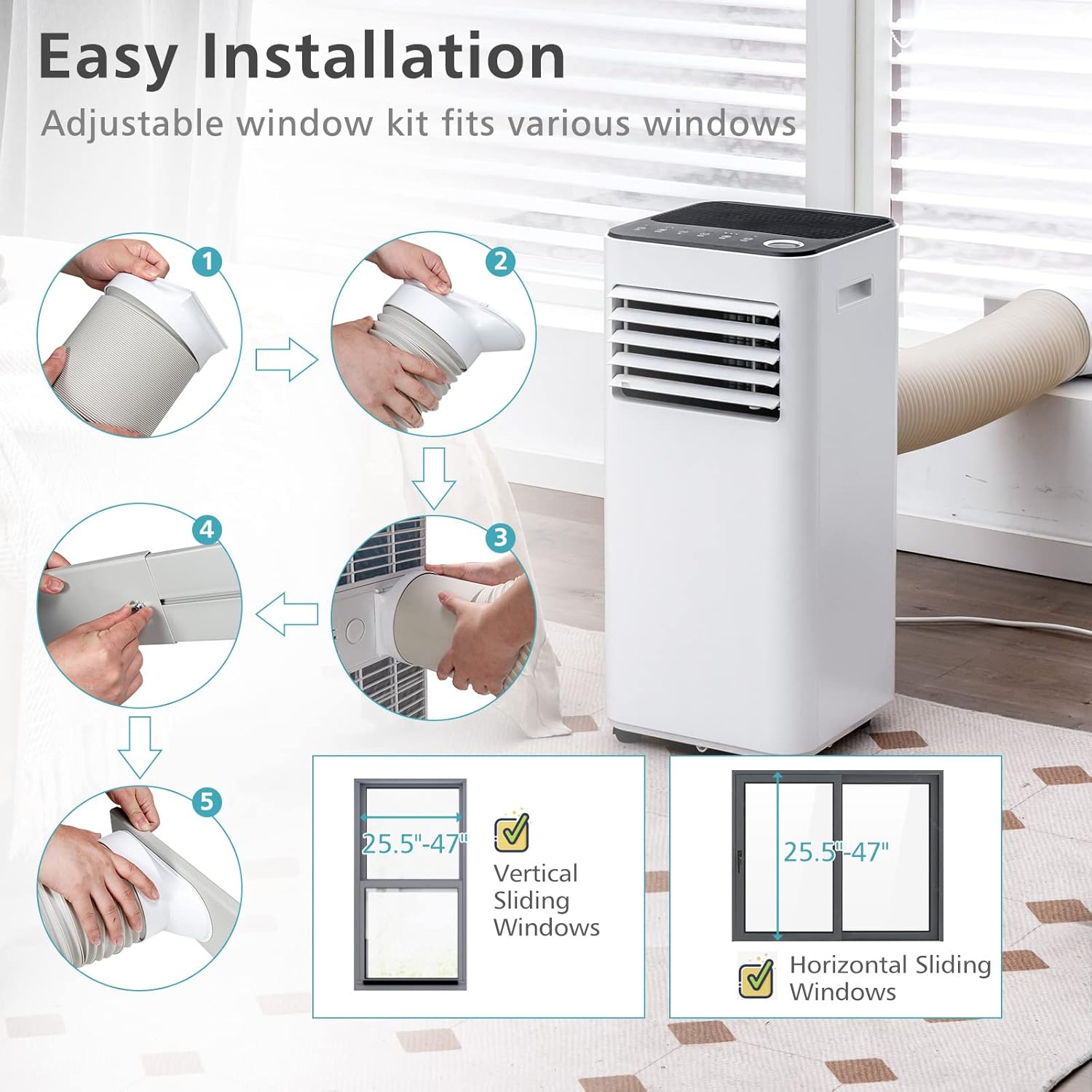 KOTEK Portable Air Conditioner for Room up to 350 Sq. Ft, 10000 BTU 3-in-1 AC Unit for Bedroom with Dehumidifier/Fan/Cool/Sleep Mode, Remote Control/Window Kit, Portable AC for Home (White-10000BTU)
