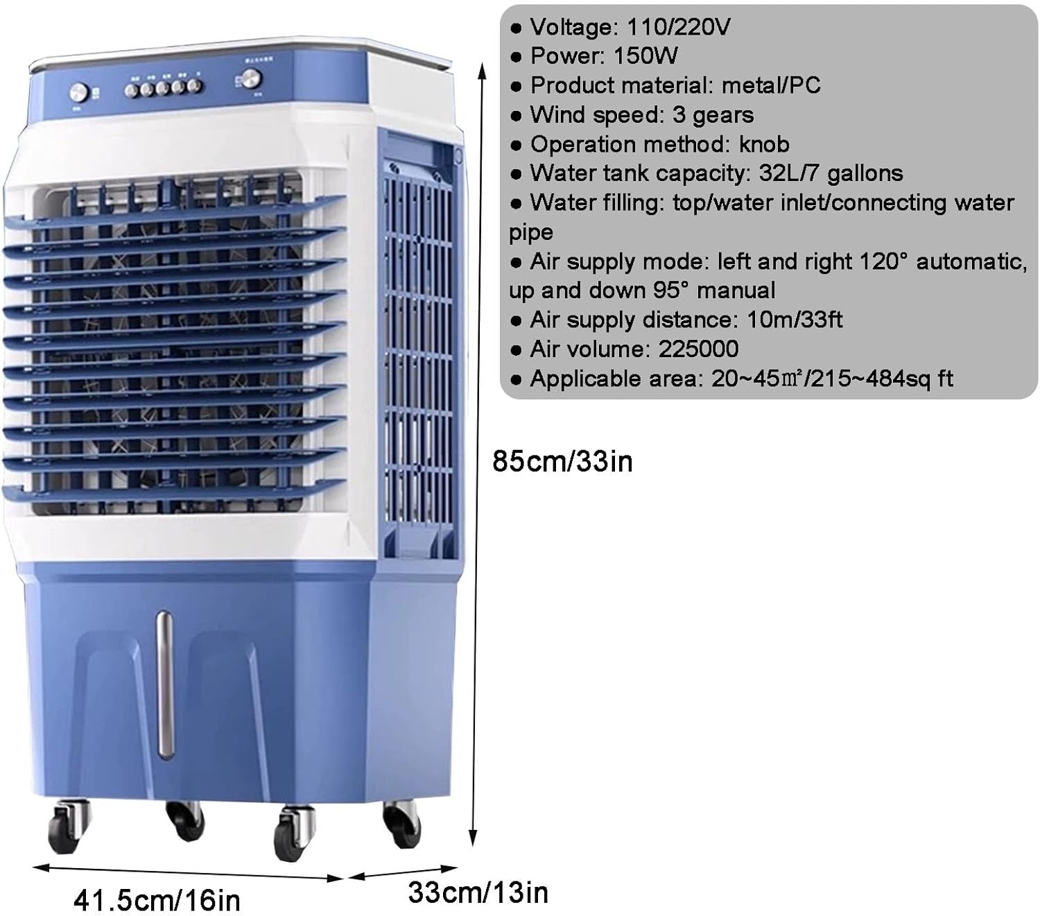 Evaporative Air Cooler, 3 in 1 Swamp Cooler with 4 Ice Crystal Box, Air Conditioner Portable with 3 Speeds, 2 Modes, Knobs for Outdoor, Office, Home(85cm/33in)