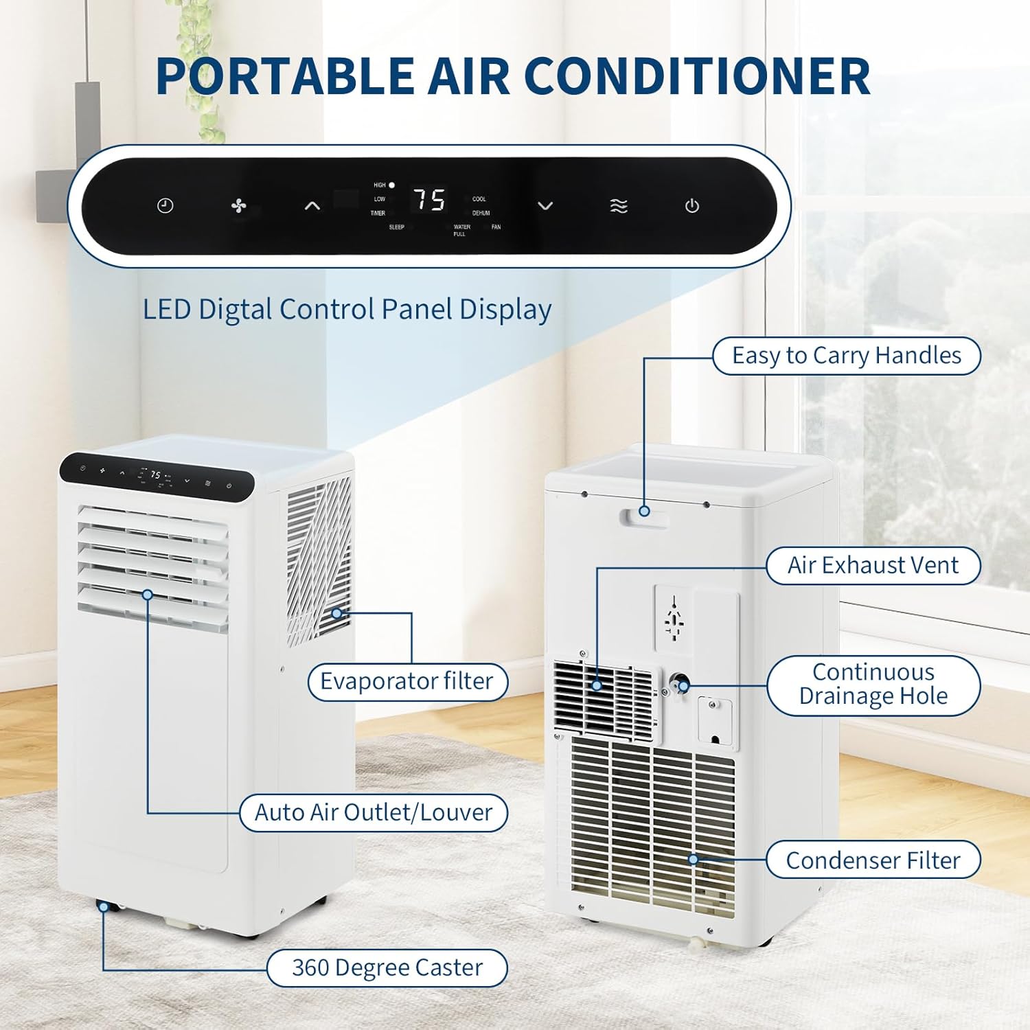8000BTU Portable Air Conditioners w/Remote/LED Control, Free Stand Cooling Portable AC Unit for Room up to 350 sq. ft, 3-in-1 AC (Cool, Fan, Dehumidifier), 24Hrs Timer,Quiet Sleep Mode(45dB)