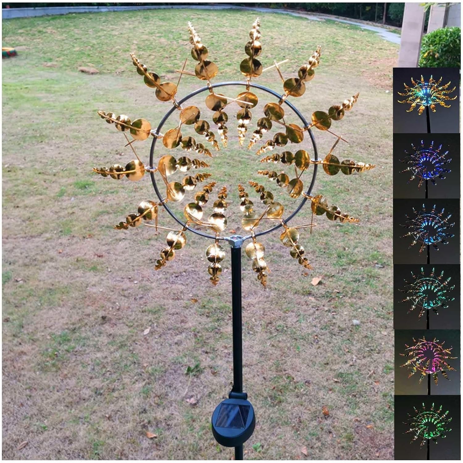 Solar Magic Windmill, Metal Windmill Spinner 3D Wind Powered, 13.4 x 71in Kinetic Spinner,Gold