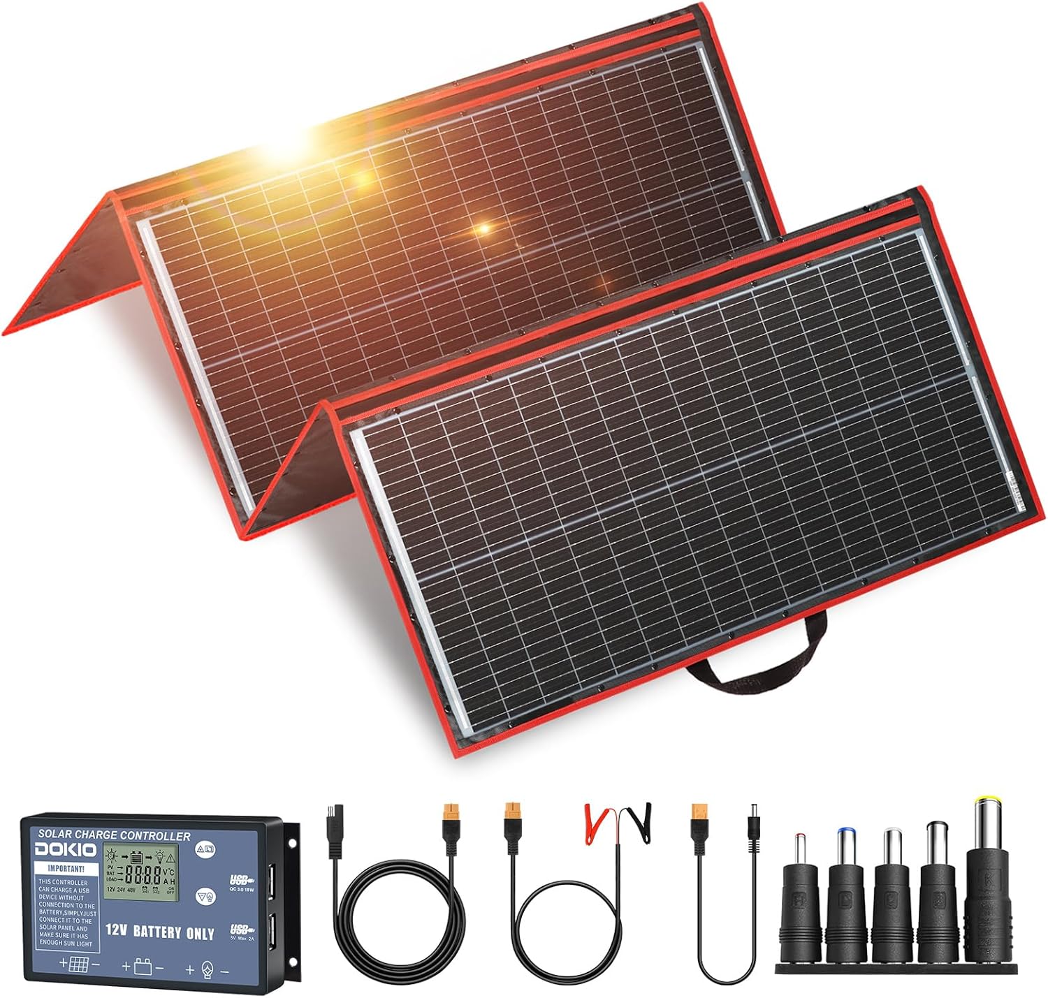 DOKIO 300W Portable Foldable Solar Panel Kit (19.3x37.4in, 15.2lb), with Separate Controller and Dual USB, Monocrystalline Charger for 12V Batteries, Power Stations, RV Camping Emergency Use