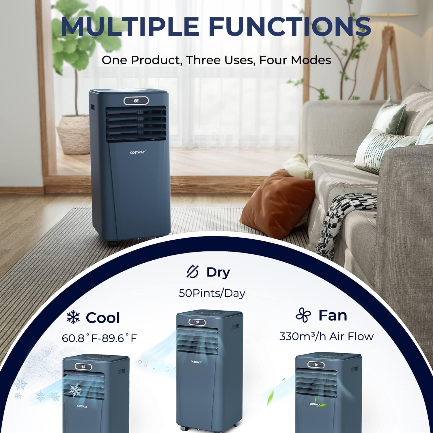 COSTWAY Portable Air Conditioner, 10000BTU Air Cooler with Drying/Fan/Sleep Mode, 2 Speeds, 24H Timer, for Home & Office, Cools Room up to 350 Sq. ft, Window Kit Included (10000 BTU, Dark Blue)
