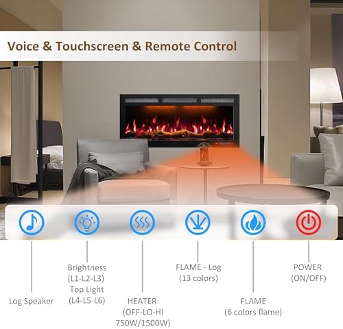 72 Inch WiFi-Enabled Electric Fireplace Inserts & Wall Mounted, Slim Electric Fireplace Heater, 750/1500w, Adjustable Flame Color, Remote Control & Touch Screen, Logs & Crystals, Black