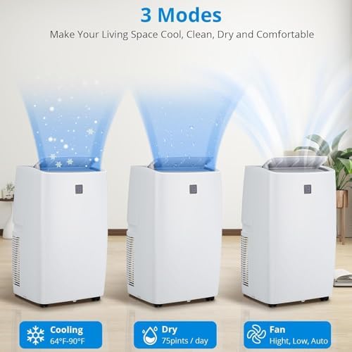 12,000 BTU Portable Air Conditioner, 3-in-1 (Cooling/Dehumidifier/Fan) Room Air Conditioner, Cools up to 550 sq. ft. Remote Control/24 Hour Timer for Home, Office and Dorm Room, White