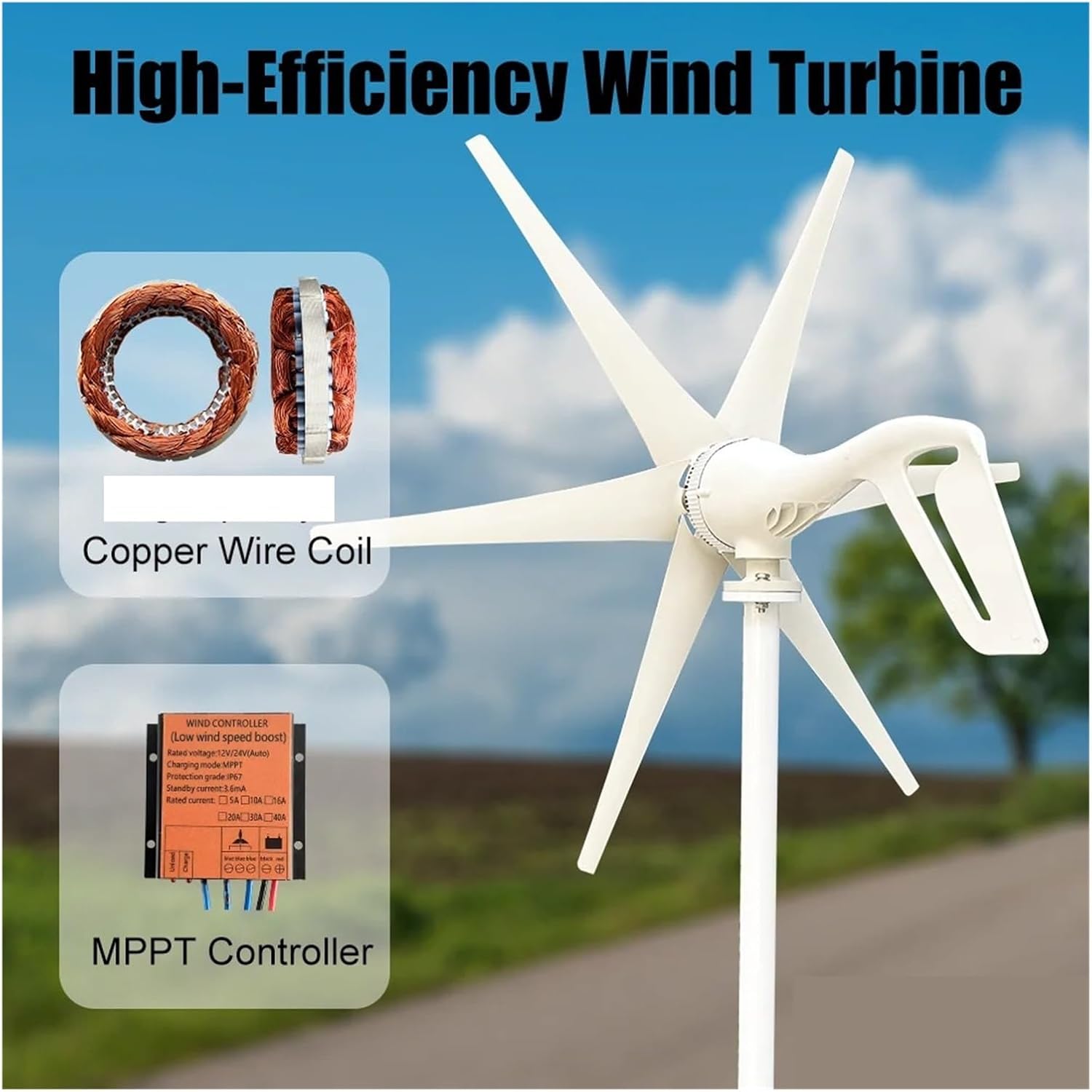 600w 800w 1000w Wind Turbine Generator Windmill 12v 24v Home Appliance Camping Power Generator with MPPT Controller Industrial Energy(6 Blades 1000w,24V)