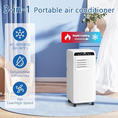 8000BTU Portable Air Conditioners With Fan & Dehumidifier, DollarDash 3-IN-1 Quiet Free Stand Portable AC Unit Cools Up to 400 Sq.Ft for Rooms, Apartments, Office