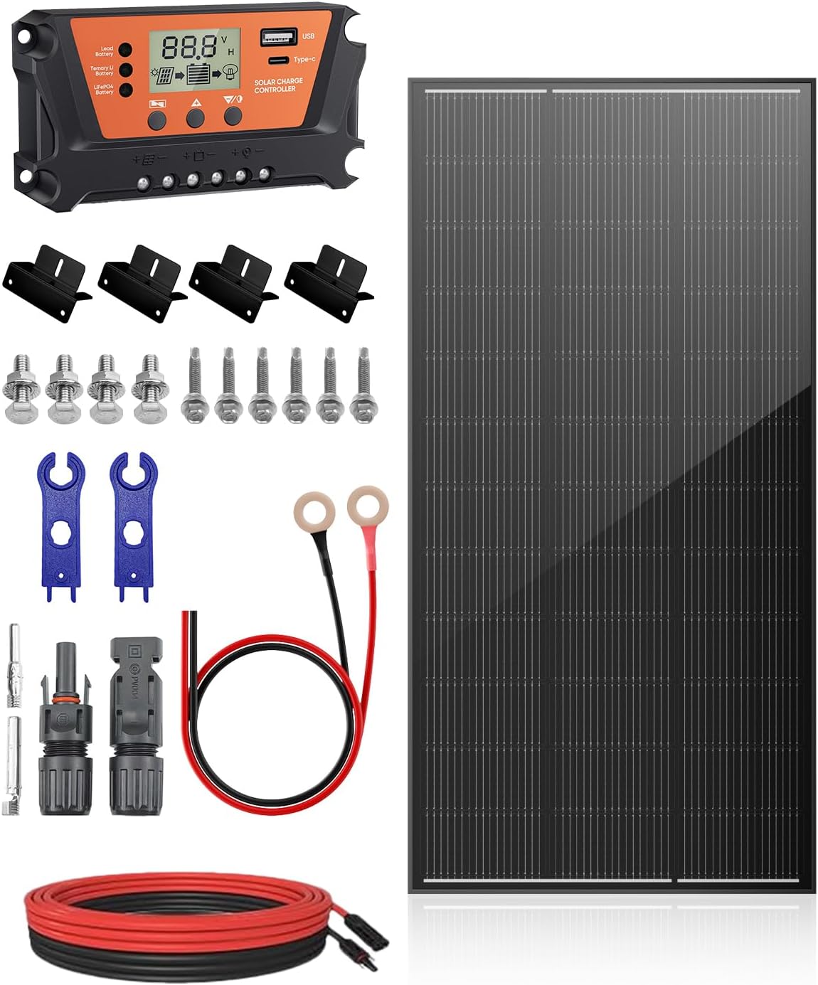 200 Watt Solar Panel Kit, 18BB 200W N-Type Solar Panels 25% Efficiency, 30A Charge Controller, 10AWG Solar Cable and Tray Cable, Black Z Brackets, for Off-Grid System, Boat, Camper