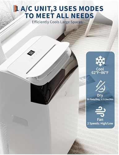 12,000 BTU Portable Air Conditioners Cools 550 Sq.Ft, 3-in-1 Portable AC Dehumidifier Fan, Remote Control Window Kit, Quiet Portable Air Conditioners for Bedroom 48dB for Home, Office (ASHRAE)