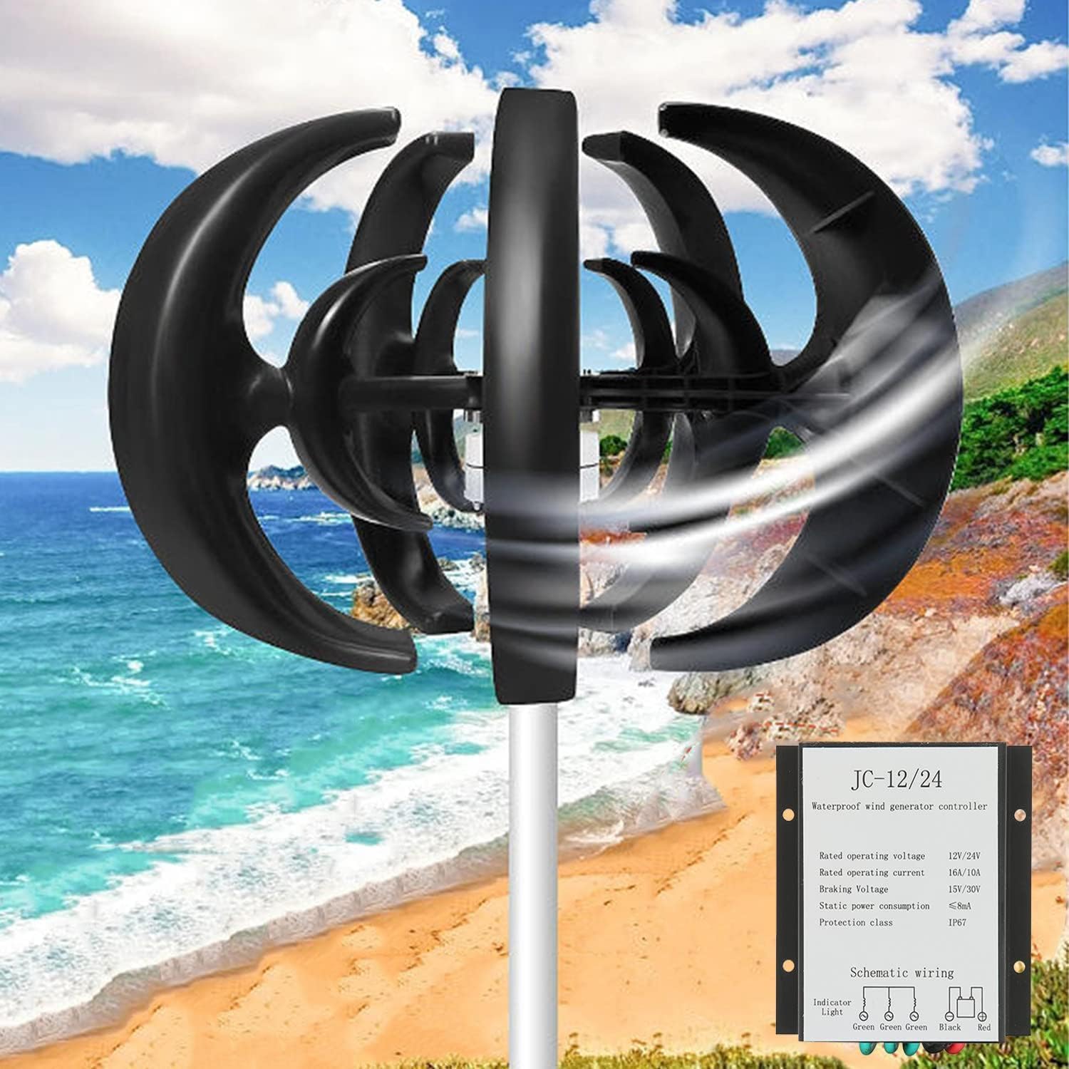 CHRISK 3 Phase Vertical Axis 5000W Wind Turbine Kit Wind Turbine Kits Maglev Hybrid Wind Generator 5 Blades Auto Adjust Windward Direction,24v