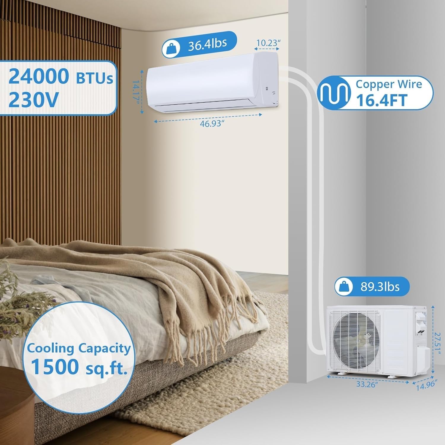 Garvee 24000 BTU Mini Split AC/Heating System, 21 SEER2 208/230V WIFI Enabled Energy Efficient Mini Split Air Conditioner,Wall-Mounted Split AC Unit,Cools Up to 1500 Sq.Ft,Heat Pump & Installation Kit