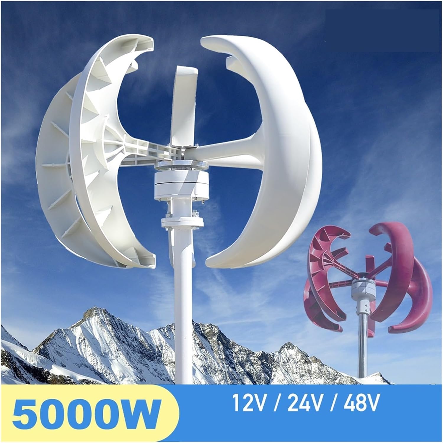 5000W Wind Turbine Generator Vertical Axis Wind Turbine Generator Low Noise Low Start Wind Speed 12V 24V 48V Windmill with MPPT Charger Industrial Energy(White,with MPPT Charger_24V)