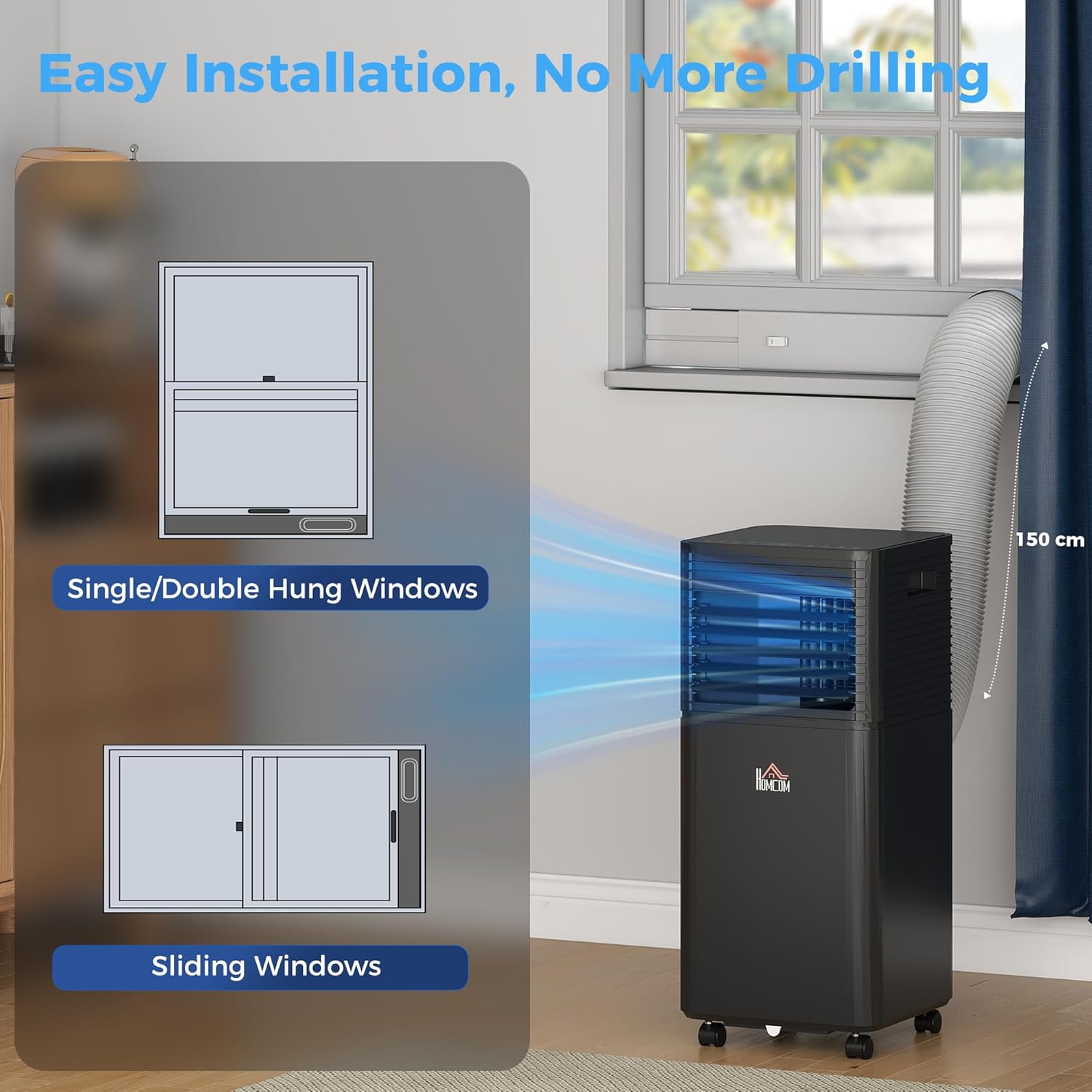 HOMCOM 10000 BTU Portable Air Conditioner for Rooms up to 441 Sq.Ft., 3-in-1 Mobile AC Unit with Dehumidifier, Cooling Fan, Sleep, Remote, 24H Timer, Auto Off, Window Installation Kit, Black