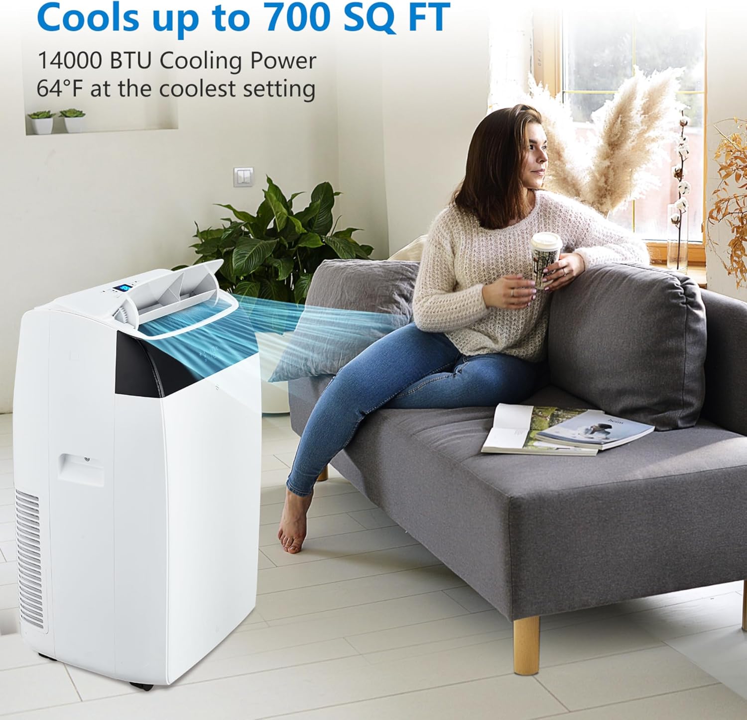 14000 BTU Portable Air Conditioner - Powerful Cooling for Rooms Up to 750 Sq Ft | 3-In-1 AC Unit with Cooling, Fan & Dehumidifier | Ultra-Quiet Sleep Mode, Remote, Timer | Easy Setup Window Kit Includ
