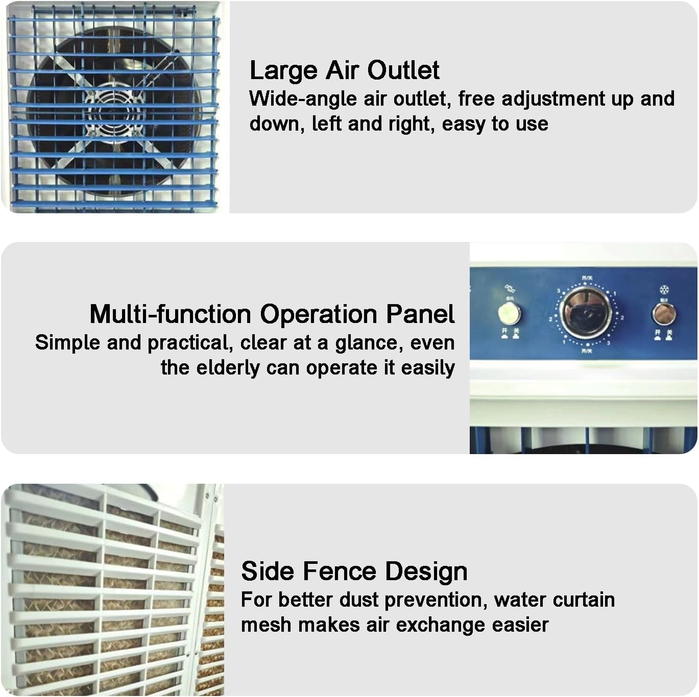 Portable Air Conditioners, Swamp Cooler, Wide-angle Air Supply, 3 Ice Curtains, Quiet Operation, for Bedroom and Office, with 45L/10bal Water Tank