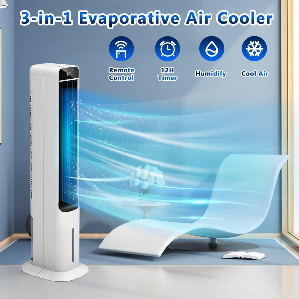 LifePlus Evaporative Cooler Fan, Swamp Bladeless Tower Fan Air Conditioner Portable with Cold Air & Instant Cooling, Top LCD Touch Control Panel, Ideal for Kitchen Bedroom Office