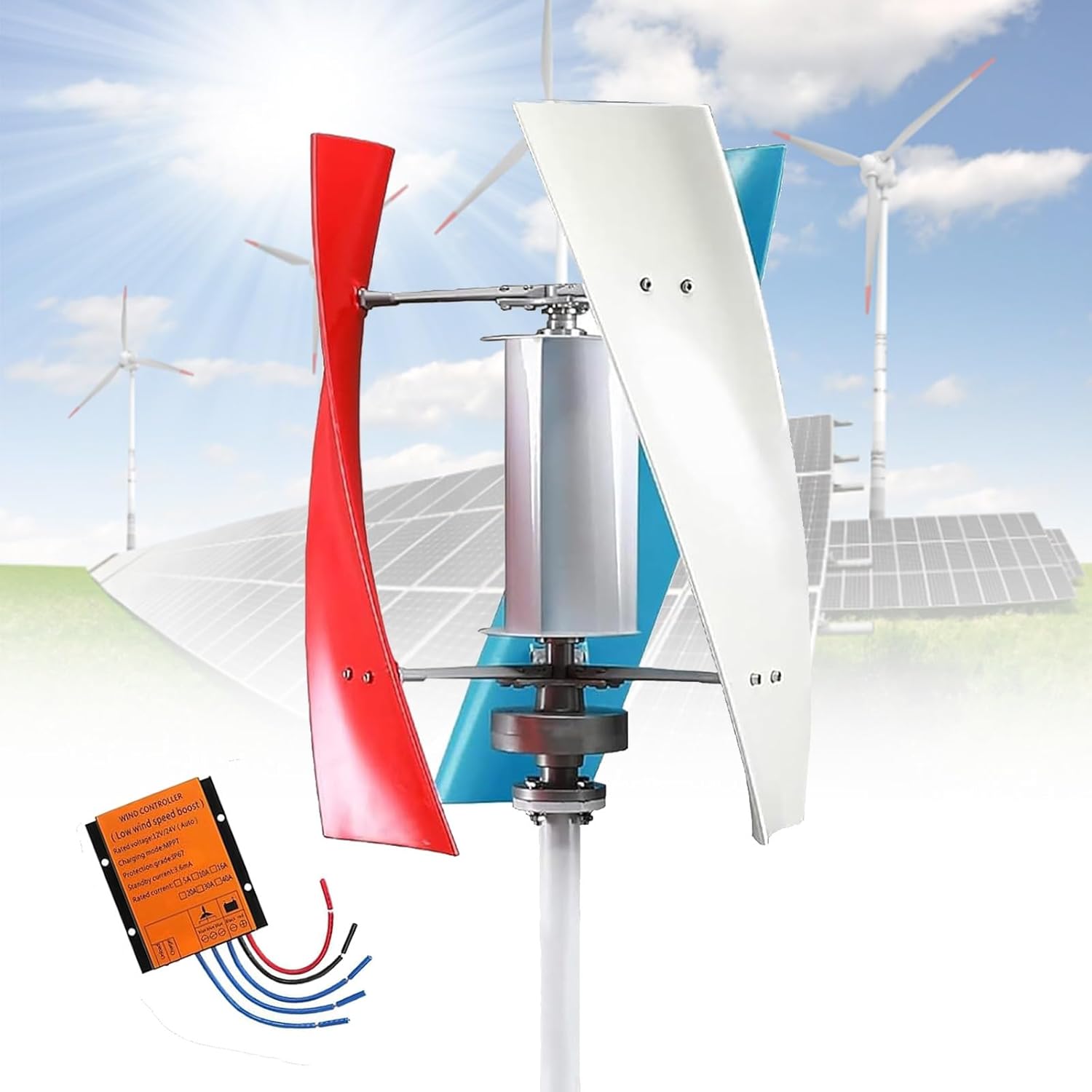 14000W Vertical Wind Turbine Generator Kit, 3-Blade Helix Design with MPPT Controller for Home, Street Lighting, Chalet, Boat - Colorful 48V Power Solution