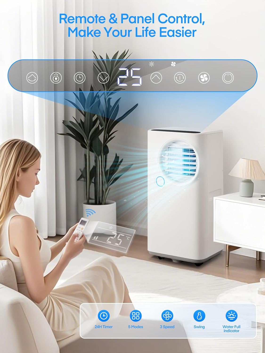 FOHERE 8000 BTU Portable Air Conditioner for Room and Heater up to 365 Sq.Ft, 5 IN 1 All Season AC Portable Air Conditioner with Remote Control and Window Kit Included, White