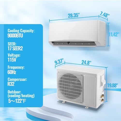9000 BTU Mini Split Air Conditioner/Heater with Heat Pump 17 SEER2 115V Split AC Unit, Max Coverage Area Up to 450 Sq. Ft, Remote Control, Multiple Modes White