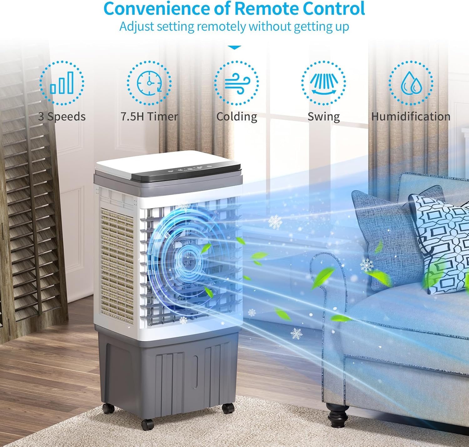 110V Evaporative Air Cooler with 6.6 Gal Water Tank, 3 IN 1 Portable Air Conditioners with Remote, Portable Air Cooler with Water Level Alarm, 3 Speeds, 7.5H Timer, Ideal for Indoor, Outdoor