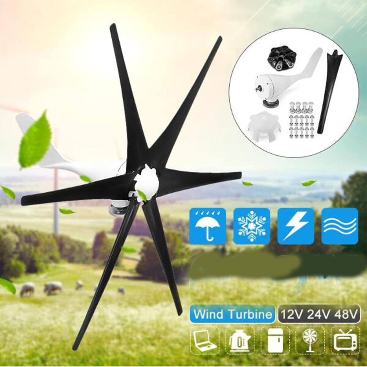 12V-220V Vertical Axis Wind Turbines Kit,14000W Generator Windmill Energy Charge Turbines for Home Camping(6 Blades)