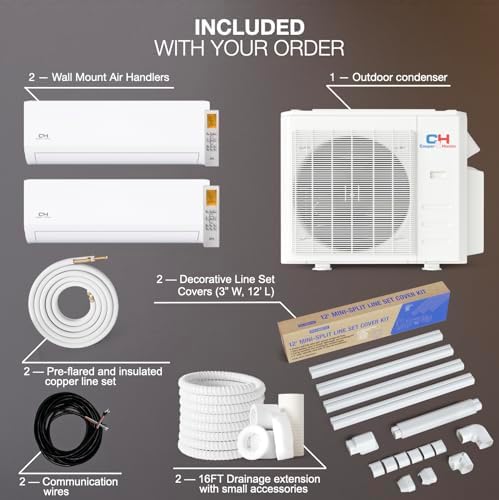 Cooper & Hunter 18,000 BTU Dual 2 Zone 9,000 + 9,000 BTU Mini Split AC/Heating Wall Mount System Including Installation Kits, Smart Kit, and Line Set Covers