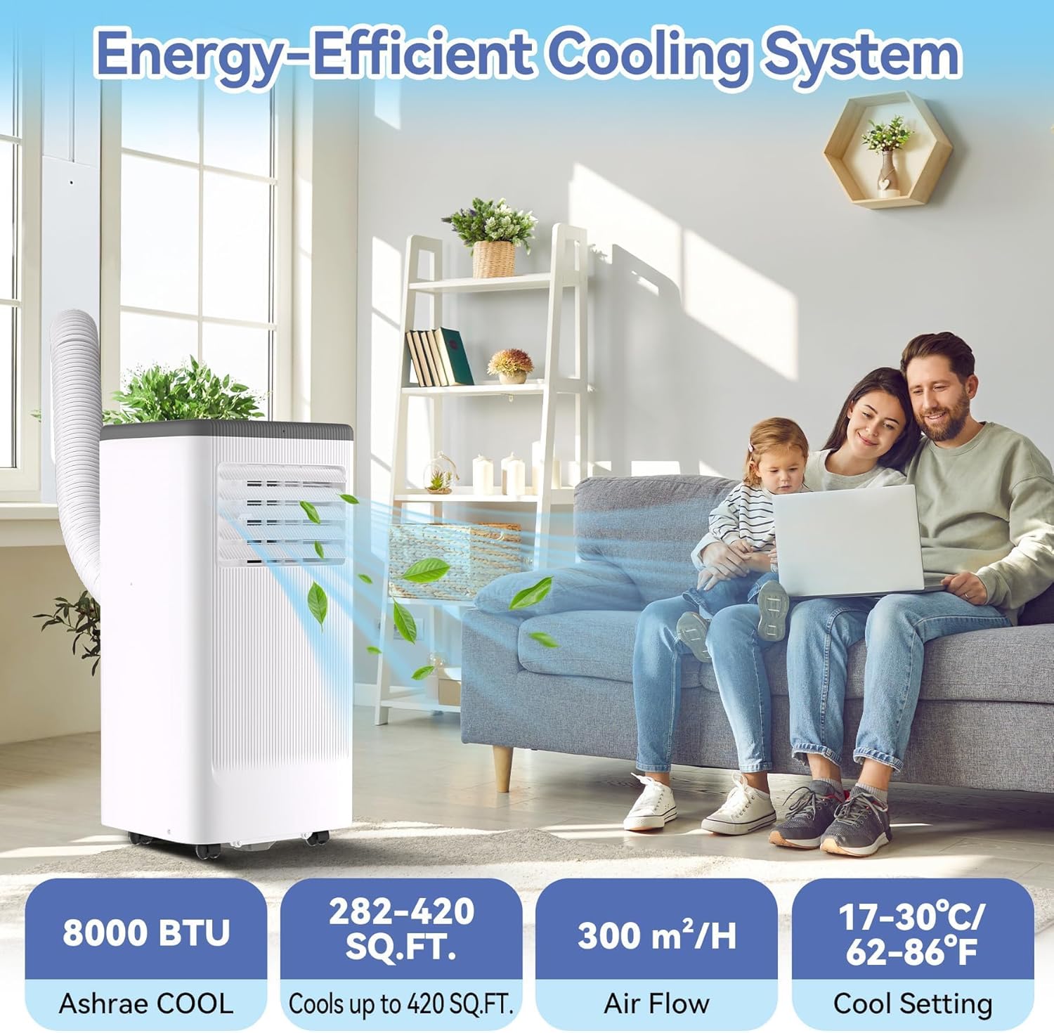 8,000 BTU Portable Air Conditioner, Smart Control, Cools up to 420 Sq. Ft., with Dehumidifier & Fan mode, Easy- to-use Remote Control for Bedroom/Dorms/Indoor Rooms, White