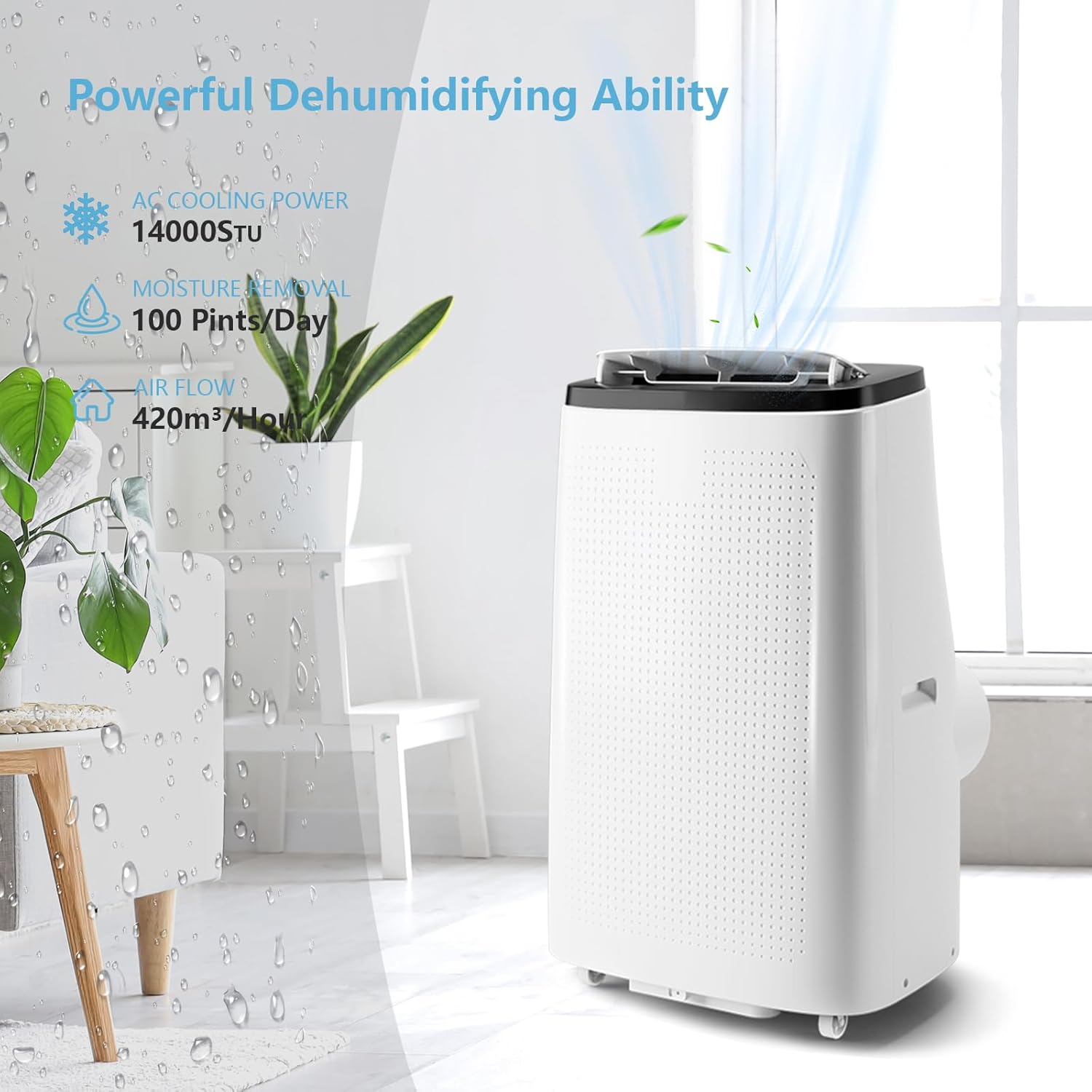 BLACK+WHITE 3-in-1 Portable AC 14000 BTU for Rooms 19–25 m², Portable Air Conditioner with Dehumidifier & Fan, Quiet Sleep Mode 