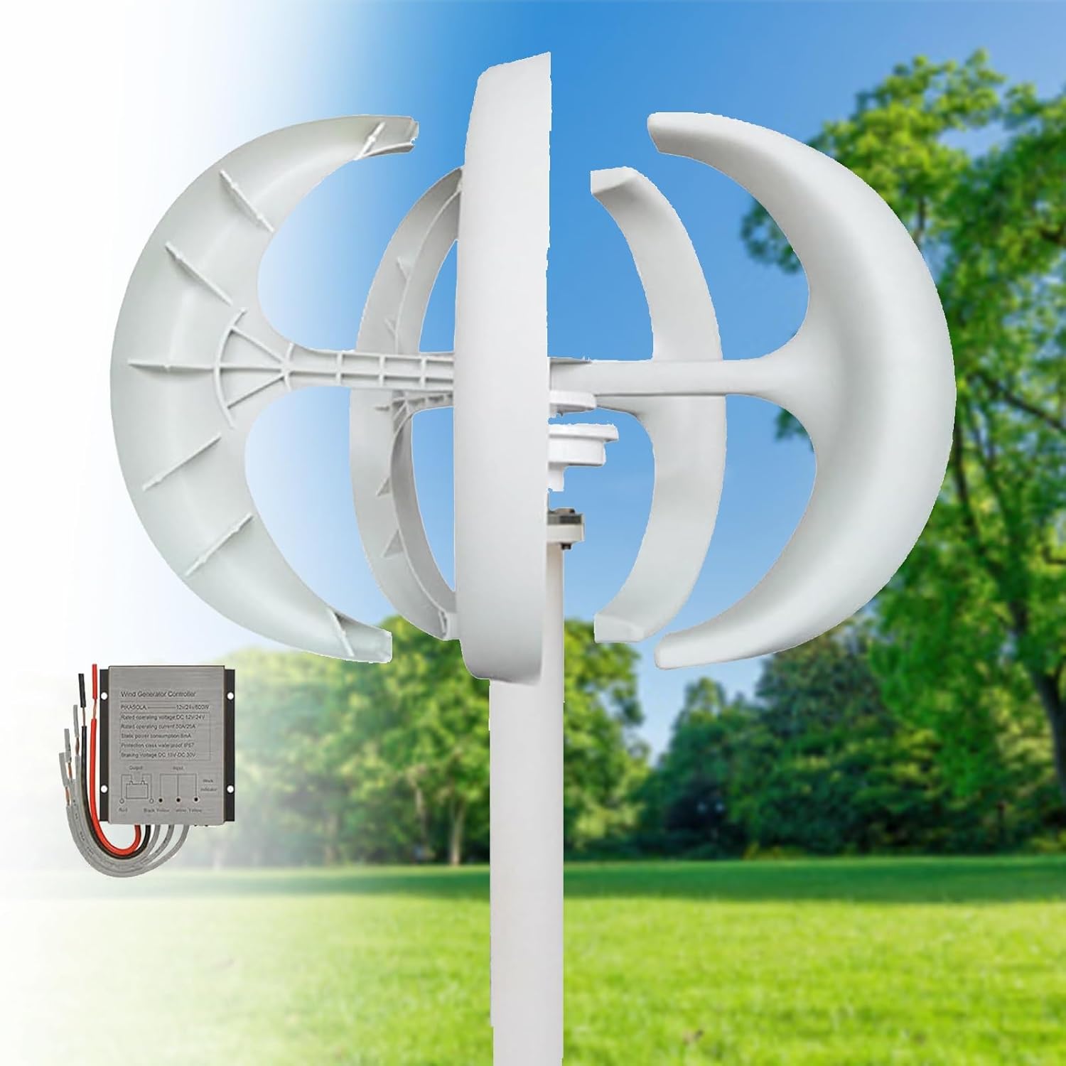 16000W Vertical Wind Turbine Generator Kit - 12V/24V/48V 5-Blade Renewable Energy System for Home, Boat, Marine & Street Lighting - Eco-Friendly Power Solution (White)