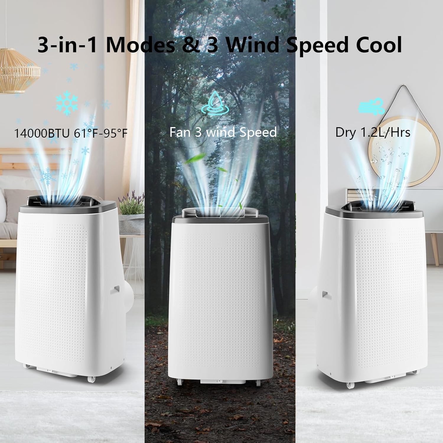 14000 BTU Portable Air Conditioner with 3-in-1 Cooling and Dehumidifying Functions, Fan Modes, Quiet Operation, Self-Evaporative, Energy-Efficient, Easy Install, Remote Control, 24-Hour Timer